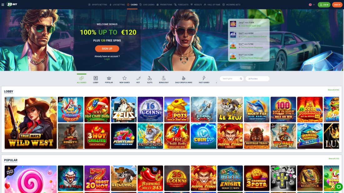 20Bet — Casino-Lobby und Spielauswahl