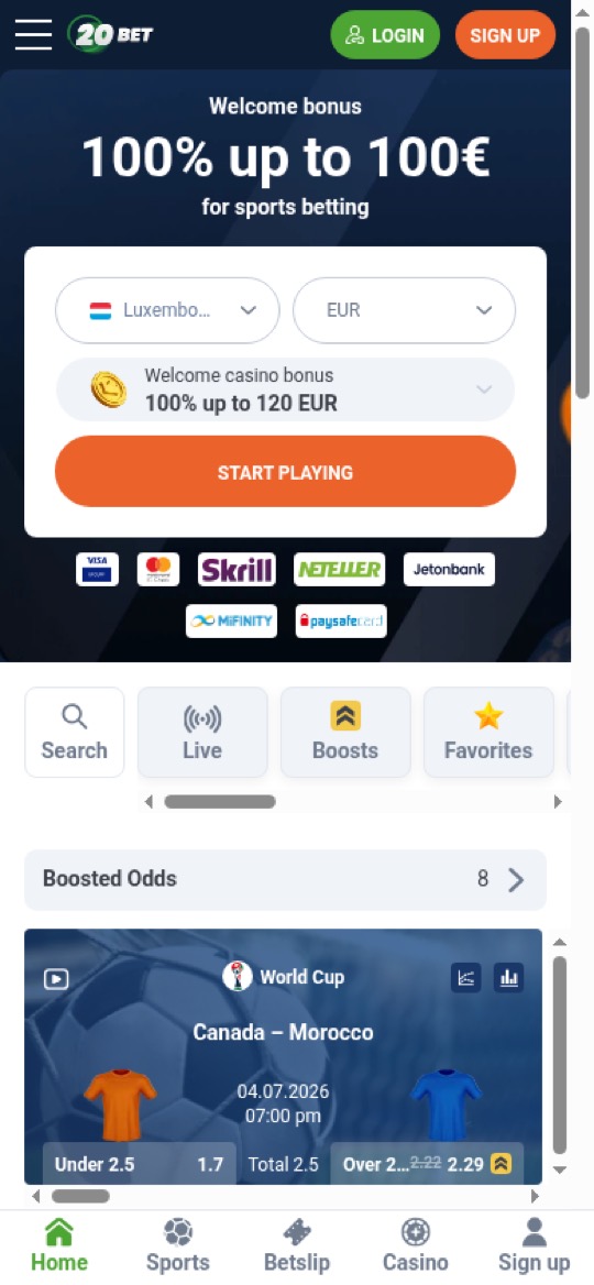 20Bet — auf dem Smartphone