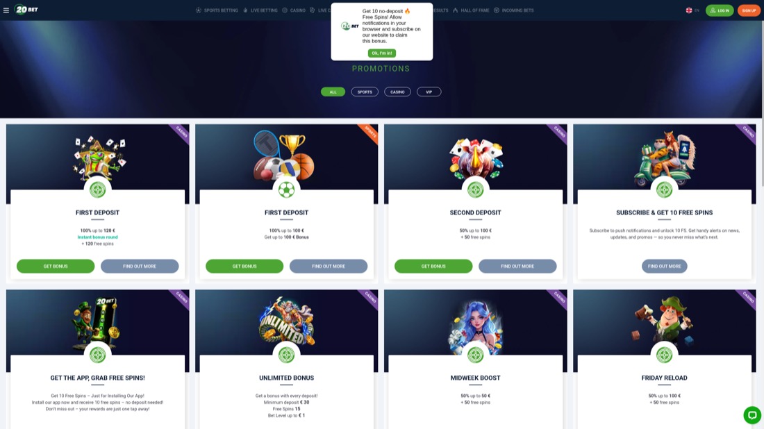 20Bet — Aktionen und Willkommensangebot