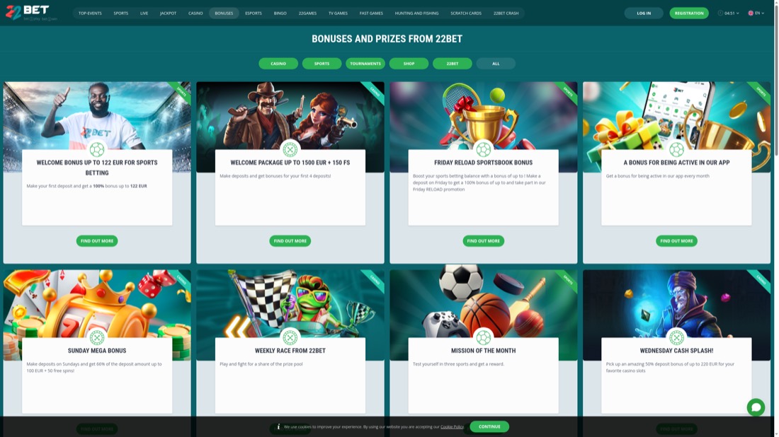 22Bet — Aktionen und Willkommensangebot