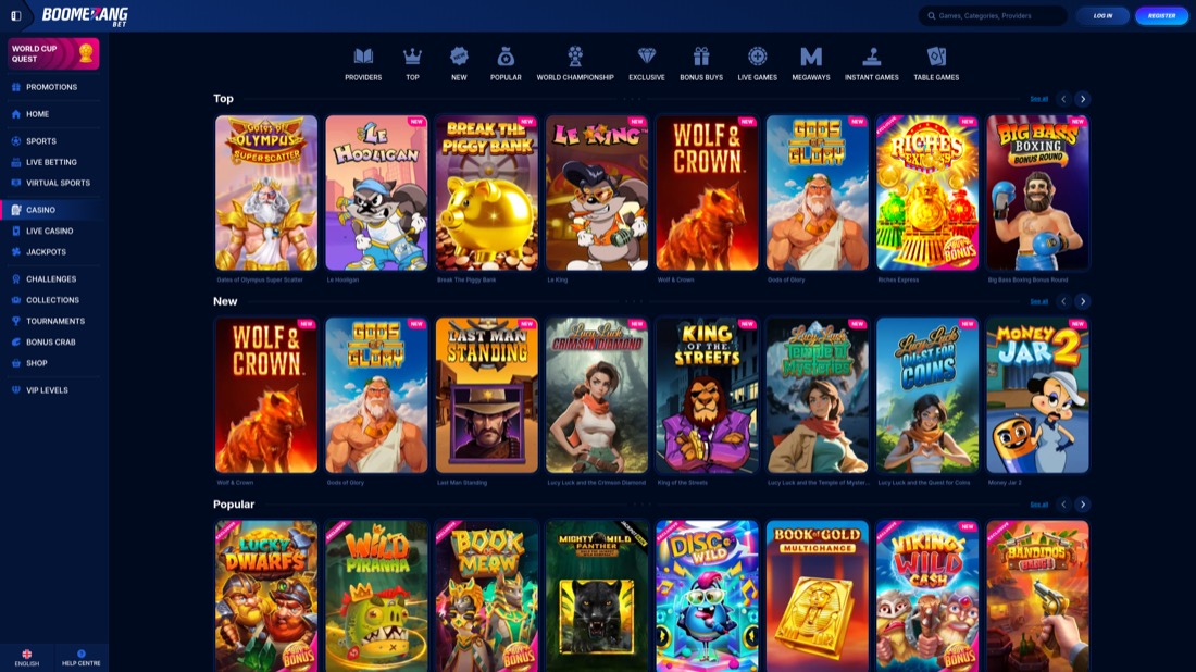 Boomerang Bet — Casino-Lobby und Spielauswahl
