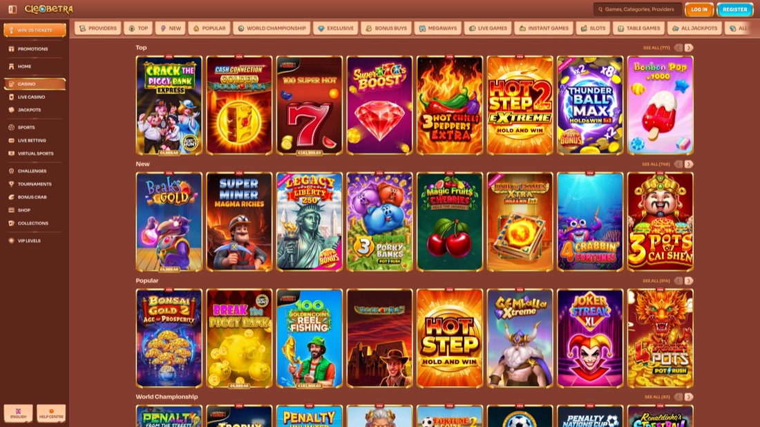 Cleobetra — Casino-Lobby und Spielauswahl