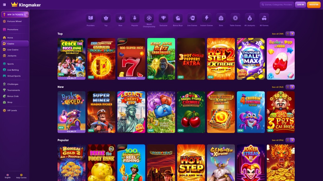 Kingmaker — Casino-Lobby und Spielauswahl