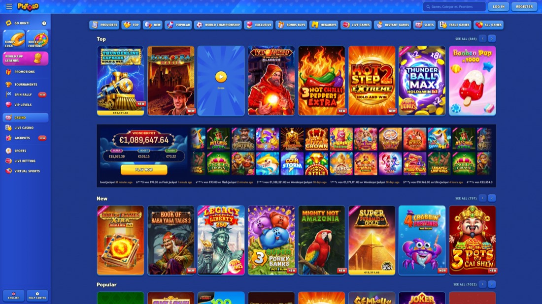 Pistolo — Casino-Lobby und Spielauswahl