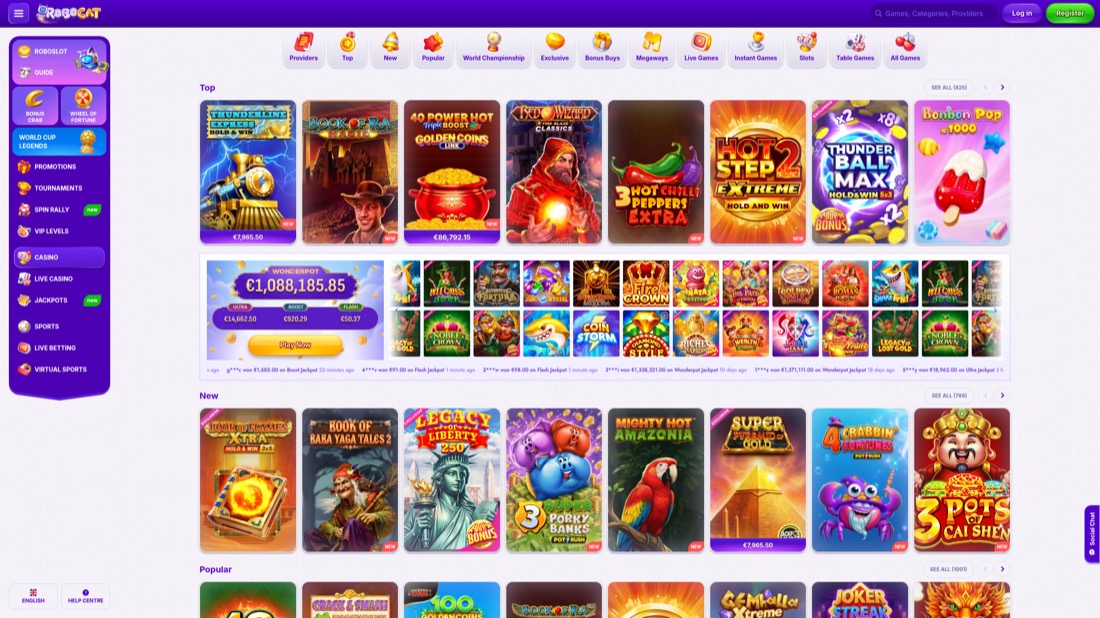 Robocat — Casino-Lobby und Spielauswahl