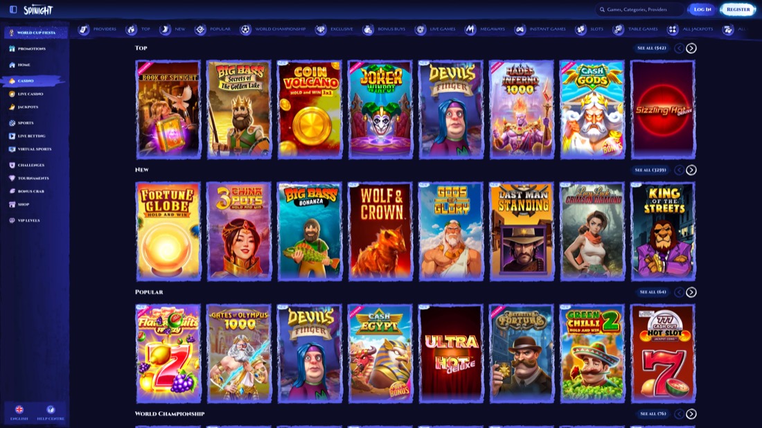 Spinight — Casino-Lobby und Spielauswahl
