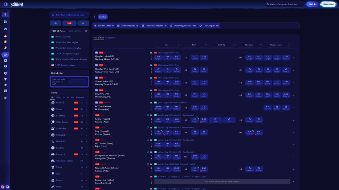 Spinight — Fussball-Wettmärkte und Quoten