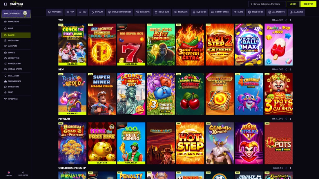 Sportuna — Casino-Lobby und Spielauswahl